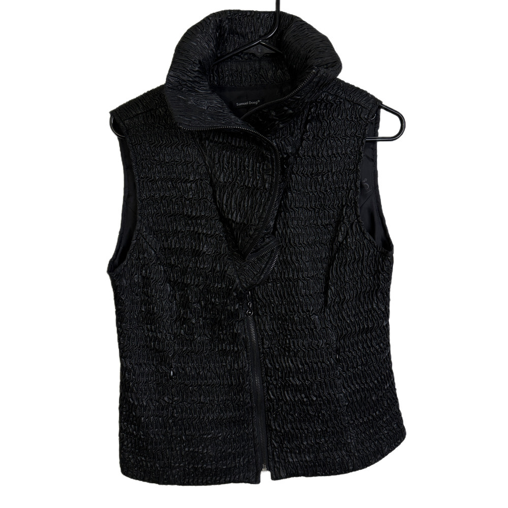 Samuel Dong Womens Jacket Black Zip Snap Ruffle Collar Texture Crinkle Pockets
